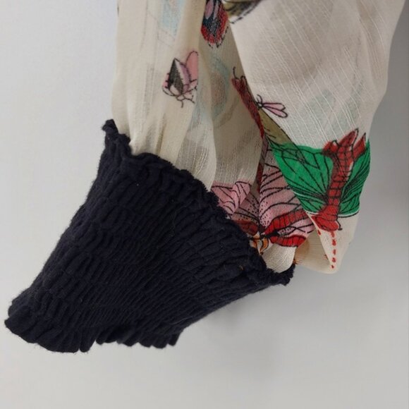 Anthropologie black blouse with sheer sleeves in a butterfly dragonfly print - Picture 2 of 8